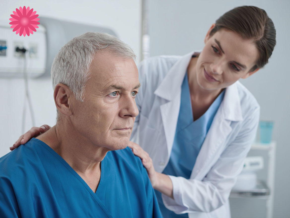 Медсестра держит пациента за плечи
