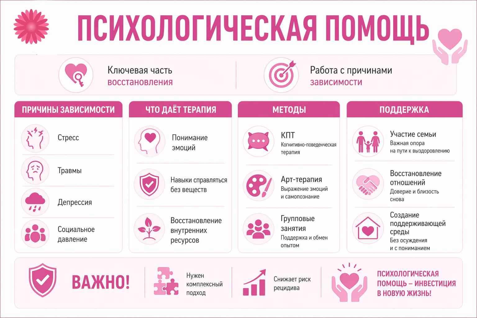 Роль психологической помощи в реабилитации наркозависимых инфографика